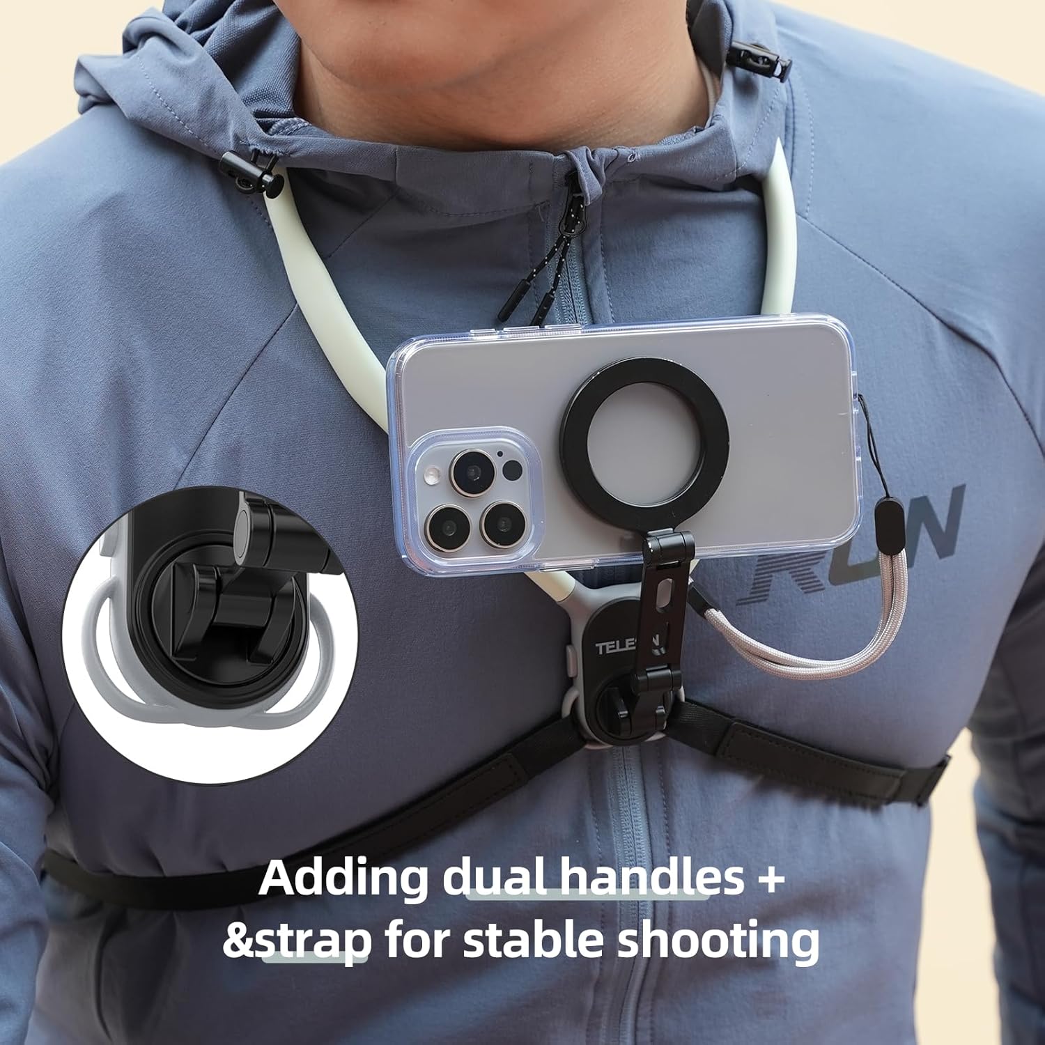 TELESIN Neck Phone Holder POV/Vlog Mount w/ Chest Strap - Hands Free Selfie Mount for iPhone, Samsung, Google Pixel & All Phones