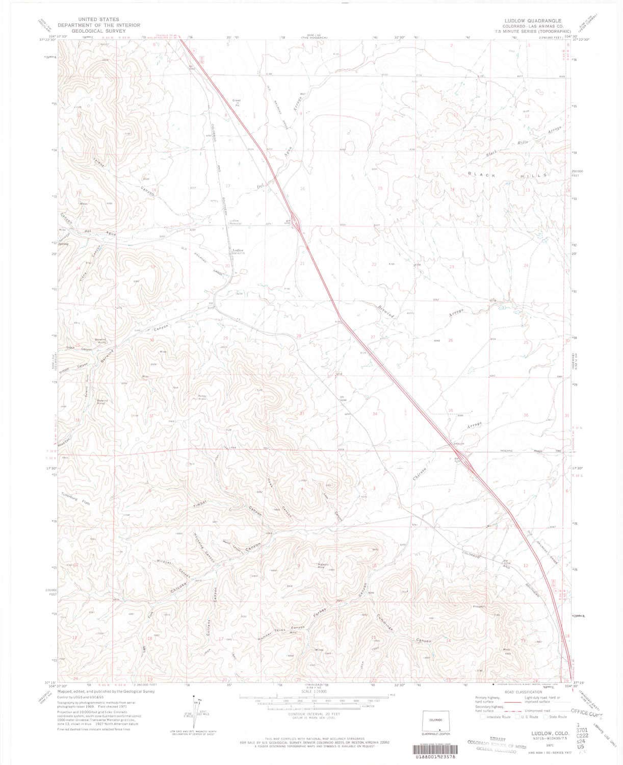 Ludlow CO topo map, 1:24000 Scale, 7.5 X 7.5 Minute, Historical, 1971, Updated 1974, 26.9 x 22 in - Paper