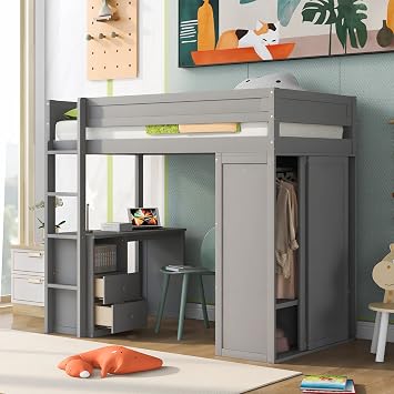 Bellemave Twin Loft Bed with Storage Wardrobe and Desk Wooden Loft Beds Frame with Drawers and Cabinet Wood High Loft Beds with Ladder for Kids Teens, Twin Size, Gray