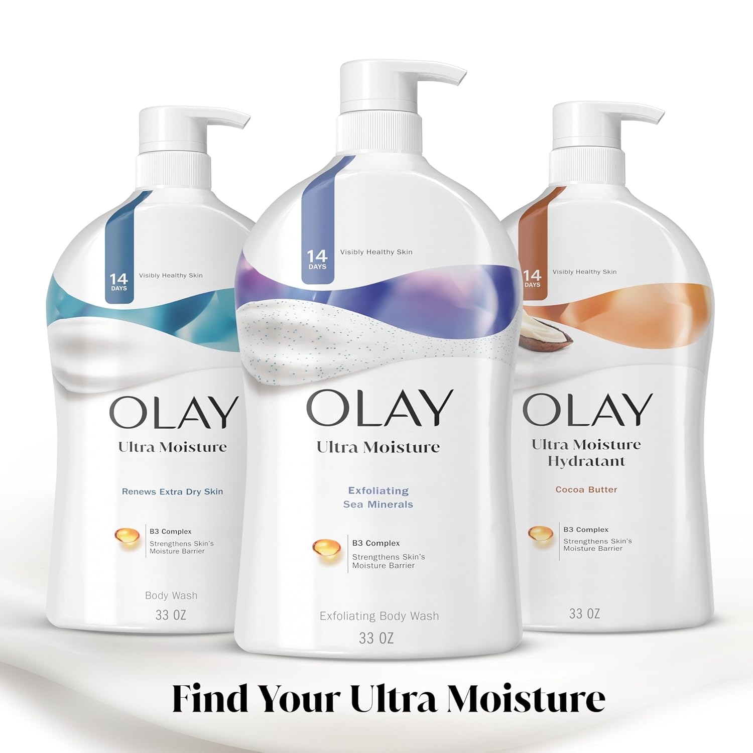 Olay Body Wash for Women, Ultra Moisture, Exfoliating Formula, 24hr Moisturizing, Hydrating & Replenshing, B3 Vitamin Complex, For All Skin Types, Sea Minerals Scent, 33 fl oz (Pack of 4) - Image 7
