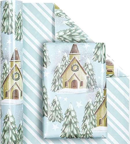 Vista 199 de WRAPAHOLIC Papel de regalo reversible de Navidad, mini rollo, 17 pulgadas x 33 pies, diseño de gnomo azul morado y cuadros con brillo metálico