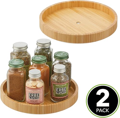 Miniatura 2 de mDesign Bamboo Lazy Susan - Recipiente de almacenamiento de alimentos para gabinetes, despensa, refrigerador, encimeras, organizador giratorio para