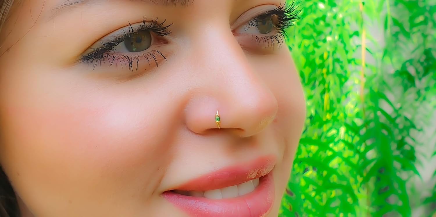 Tiny Gold Nose Ring - Handmade 14k Gold Nose Piercing with a 2mm Green Gem - Thin 24 Gauge 7mm Hoop - Comfortable Nose Piercings - Image 4