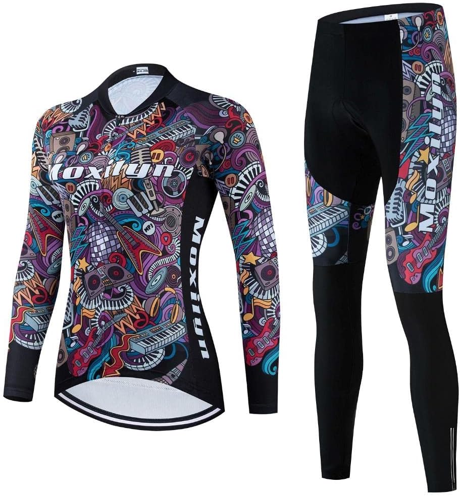 MOXILYN Women Cycling Long Sleeve Jersey Set 20D Padded Bib Pants Bike Suit Breathable Bicycle Clothing Kit UV Protection