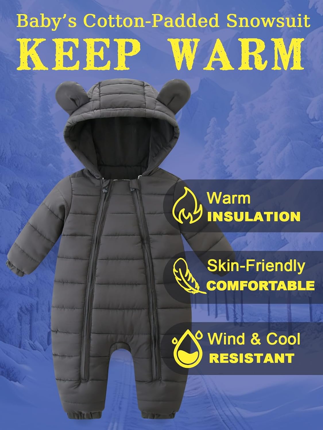 Baby Winter Snowsuit Cute Bear Ears Hooded Romper Toddler Double Zipper Warm Jumpsuit Windproof 0~24M - Image 3