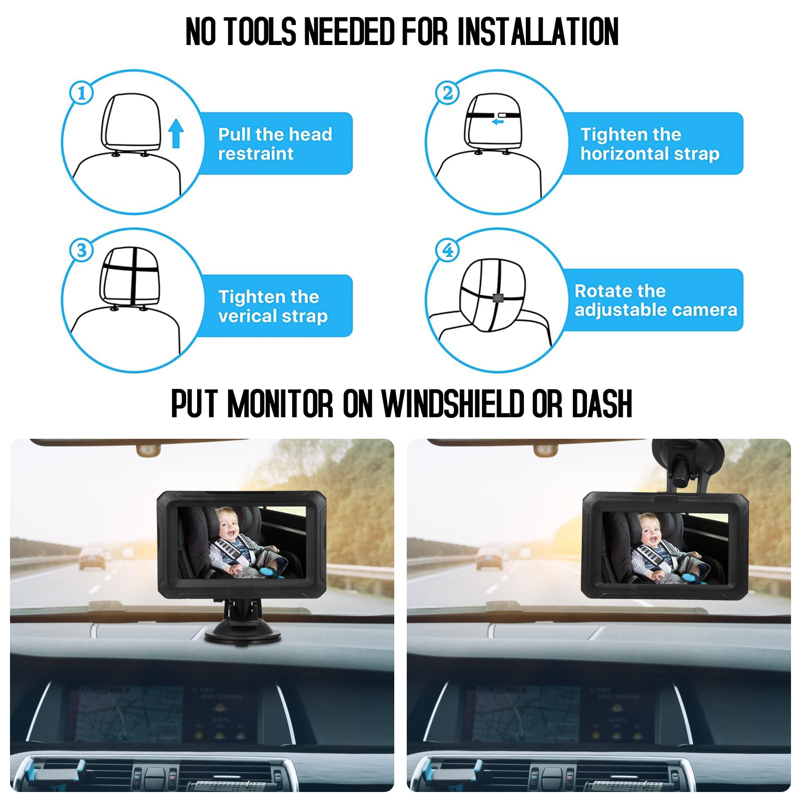 Shkalacar Espejo de Coche para Bebé, Monitor de Coche para Bebé 1080P con Conector USB para Cámara, Cámara para Bebé de 4,3con Visión Nocturna, Gran Angular de 150° para Bebés,