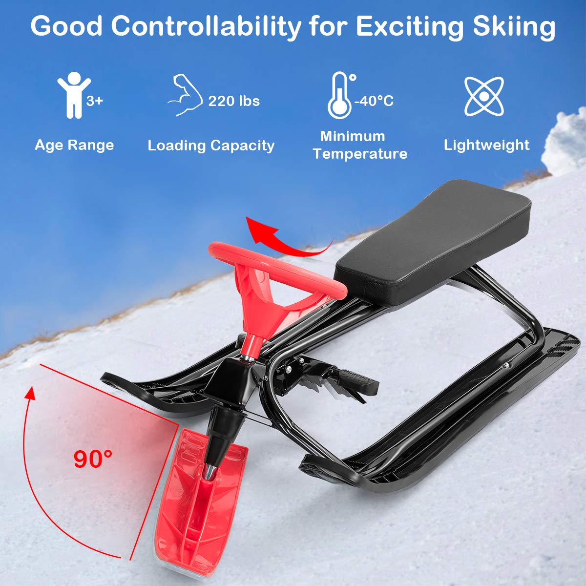 Luge Ski HuKaiL Avec Frein Et Volant - Capacité 100kg - Pour Enfants 5+ Et Adultes - 120cm