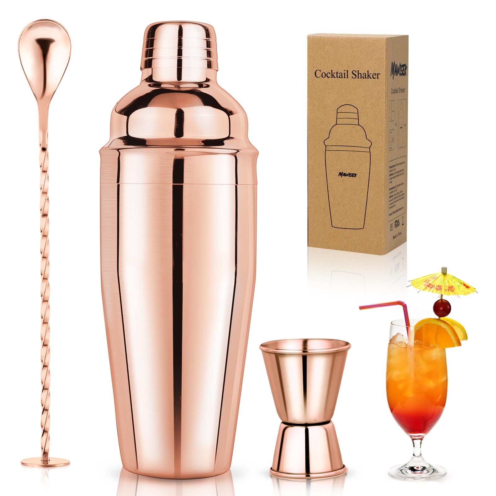 Cocktail Shaker Set 750ml Cocktailshaker Martini Shaker mit eingebautem Sieb - Professionelles Edelstahl Barkeeper Set inkl Messbecher, Bar-Löffel - Für Martini, Margarita & Mixgetränke, Rose Gold