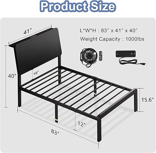 Miniatura 9 de Feonase Base de cama de tamaño matrimonial con cabecera de almacenamiento ergonómica y estación de carga, marco de cama con plataforma LED, listones