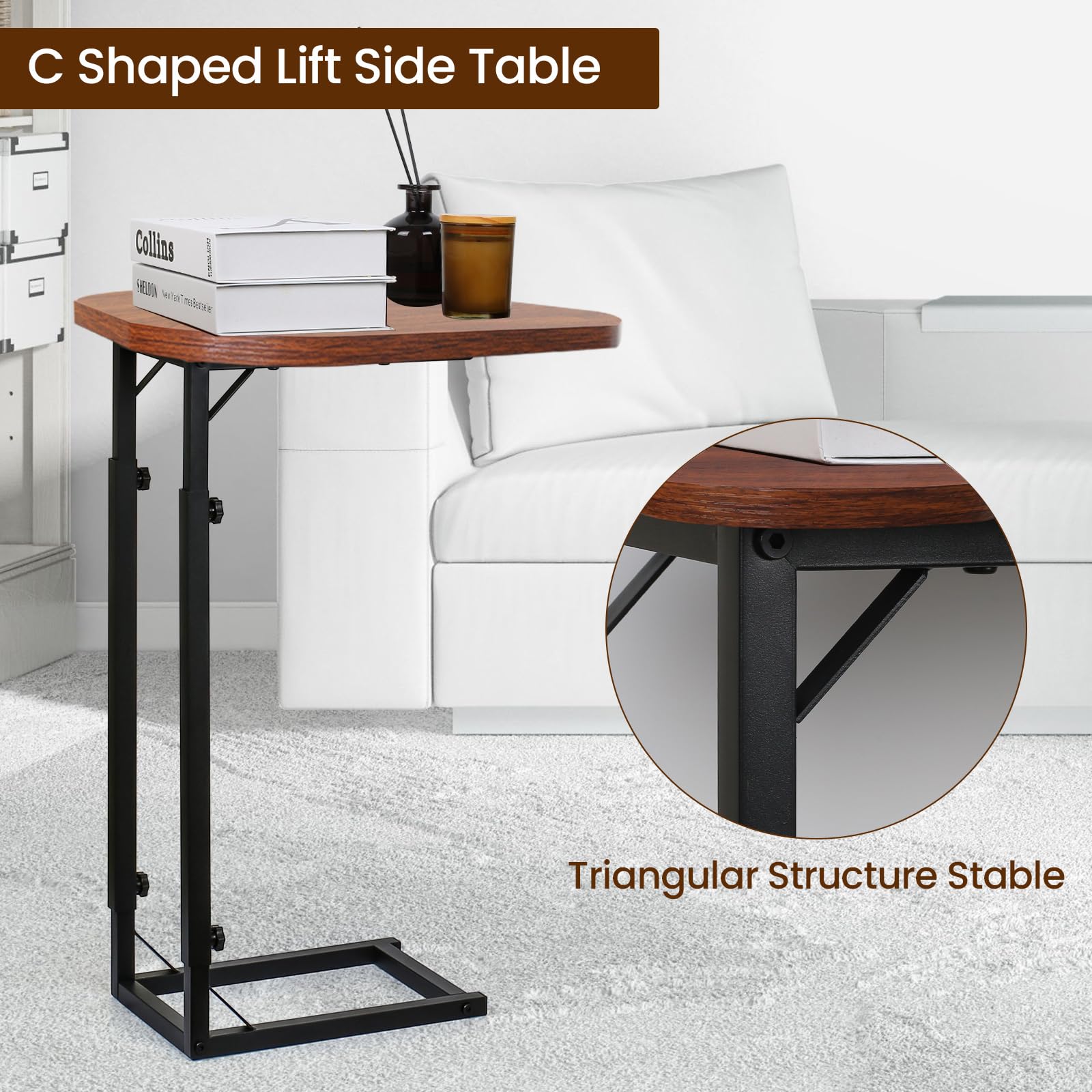 Mesa auxiliar ajustable en forma de C de alta calidad para sofá, mini mesas auxiliares para sofá, mesa de centro pequeña con marco de metal, hermoso y práctico compañero para tu sala de estar, 3