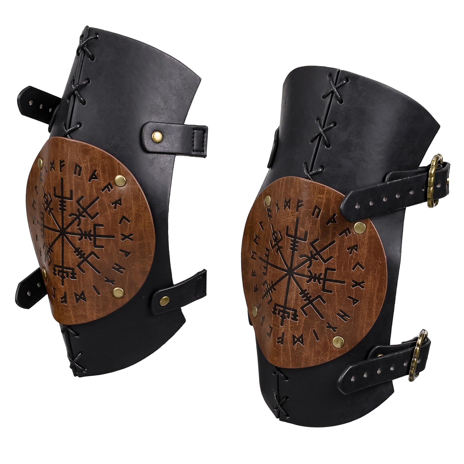 HiiFeuer Viking Faux Leather Knee Braces, Adjustable Embossed Knee Pads, Medieval Leg Armor Knight Leg Guards for Ren Faire (Black A)