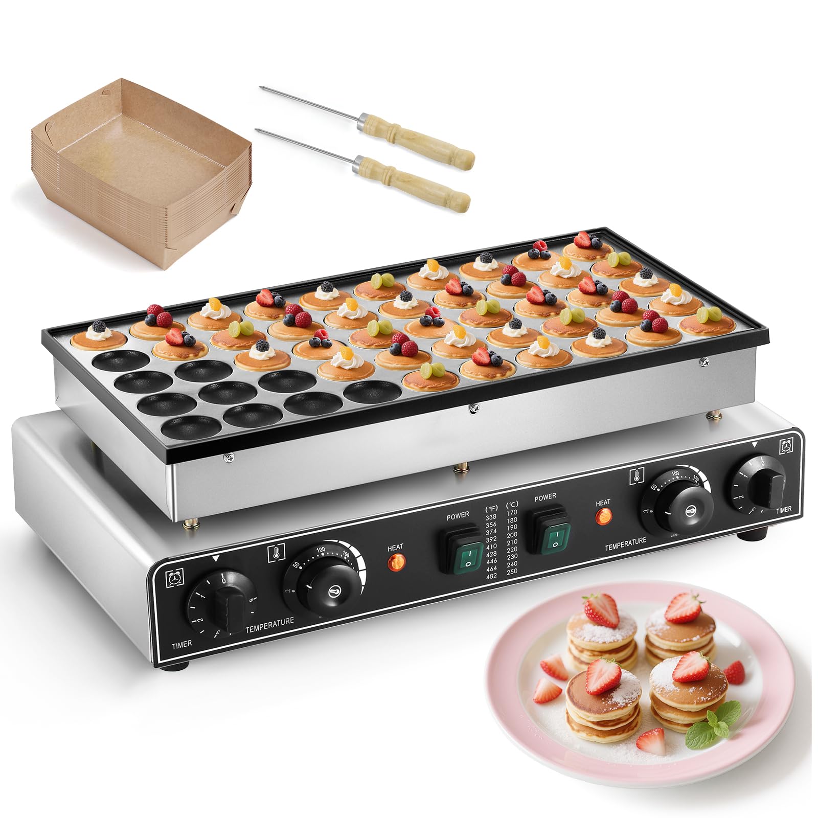 FHRKA 50 Holes Dutch Pancake Maker Commercial, 0-5 Min Timer & 50-300℃ Temprature Adjustable, Electric Mini Pancake Baker (50 PCS)