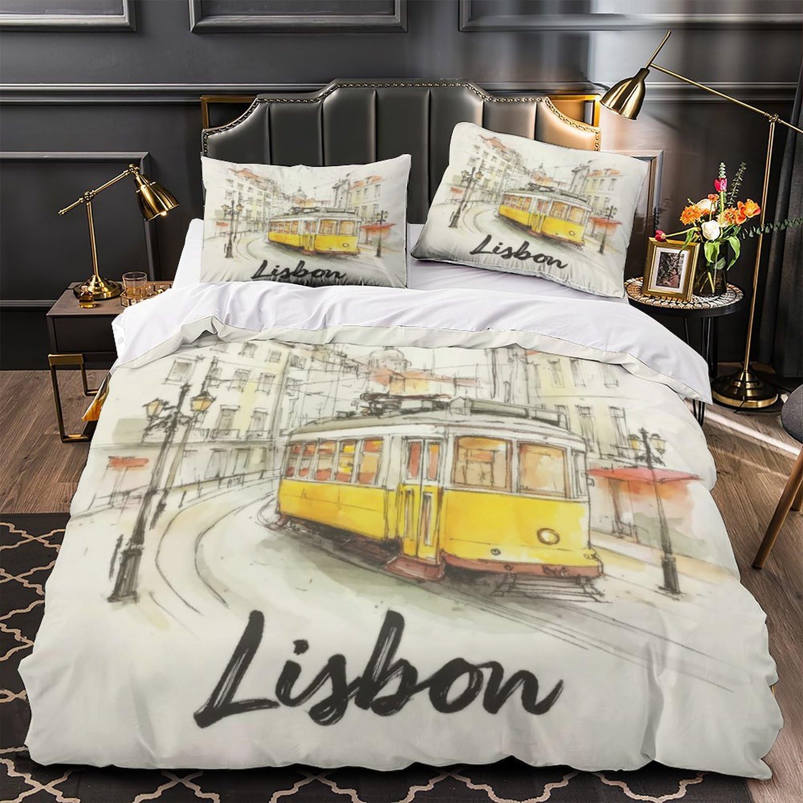 Housse de couette Lisbonne 3D en microfibre 260x220 cm avec 2 taies d'oreiller pour lit super king