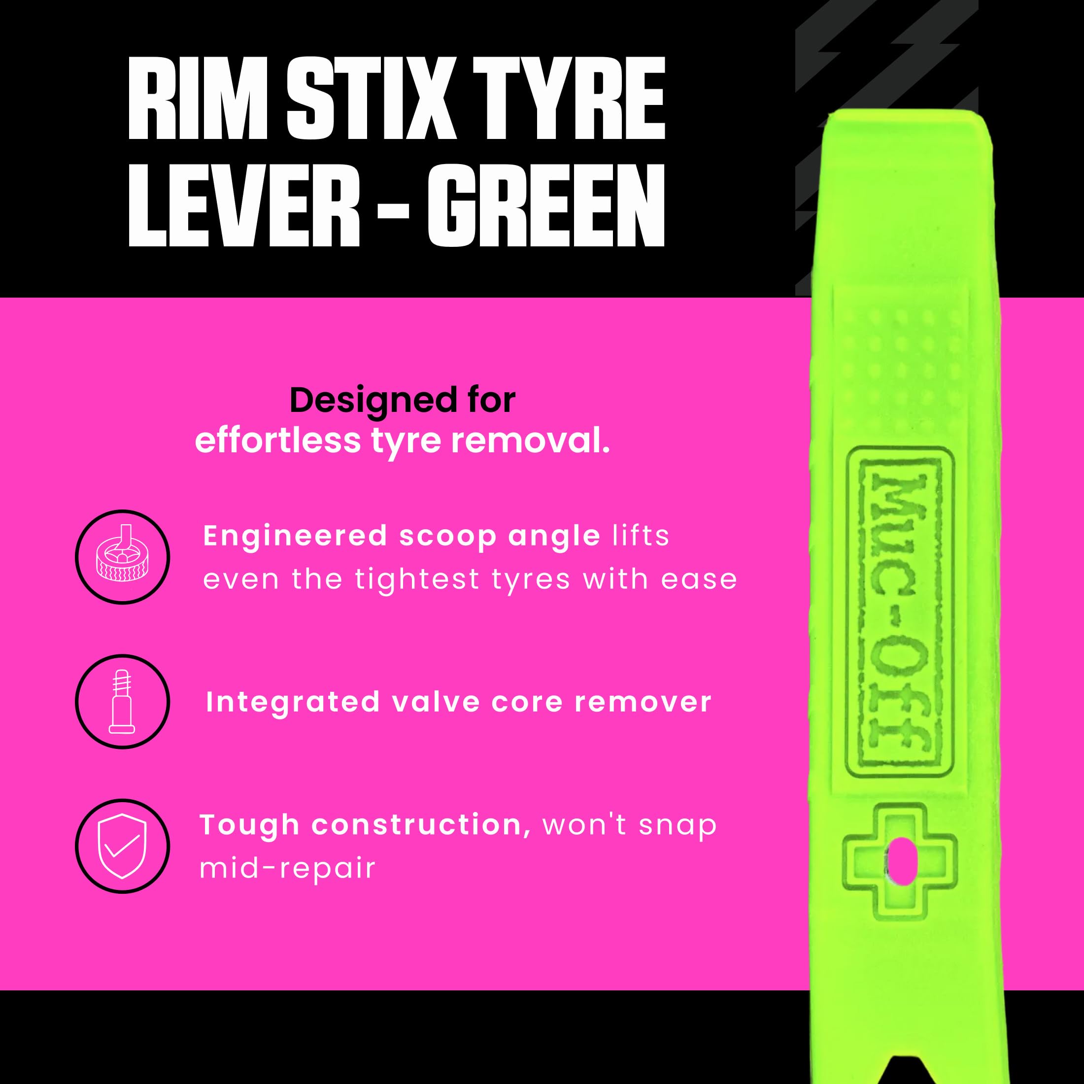 Muc-Off Rim Stix Palanca de Bicicleta, Verde - 2x Palancas de Neumático de Bicicleta para Reparación de Pinchazos Sin Complicaciones - Plástico Ergonómico, Fácil de Usar, No Daña Ruedas ni Llantas