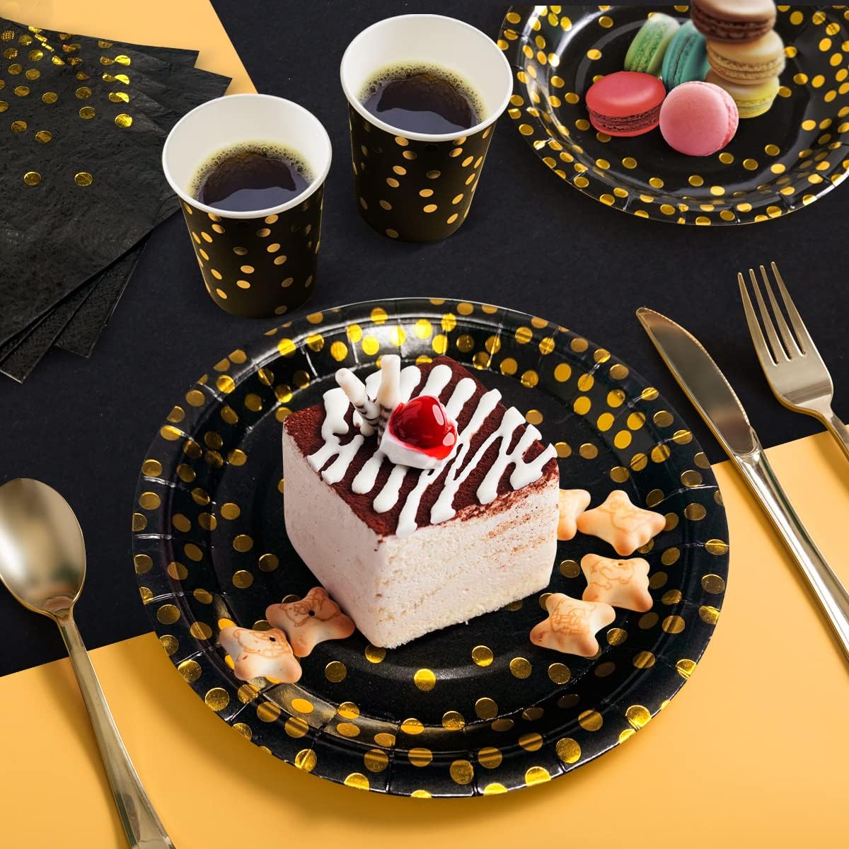 HOMIX 350 Pcs Black and Gold Plates and Napkins Party Supplies, Serves 50 Disposable Paper Plates, Napkins, Cups, Silverwares for Black and Gold Retirement Graduation Party Decorations