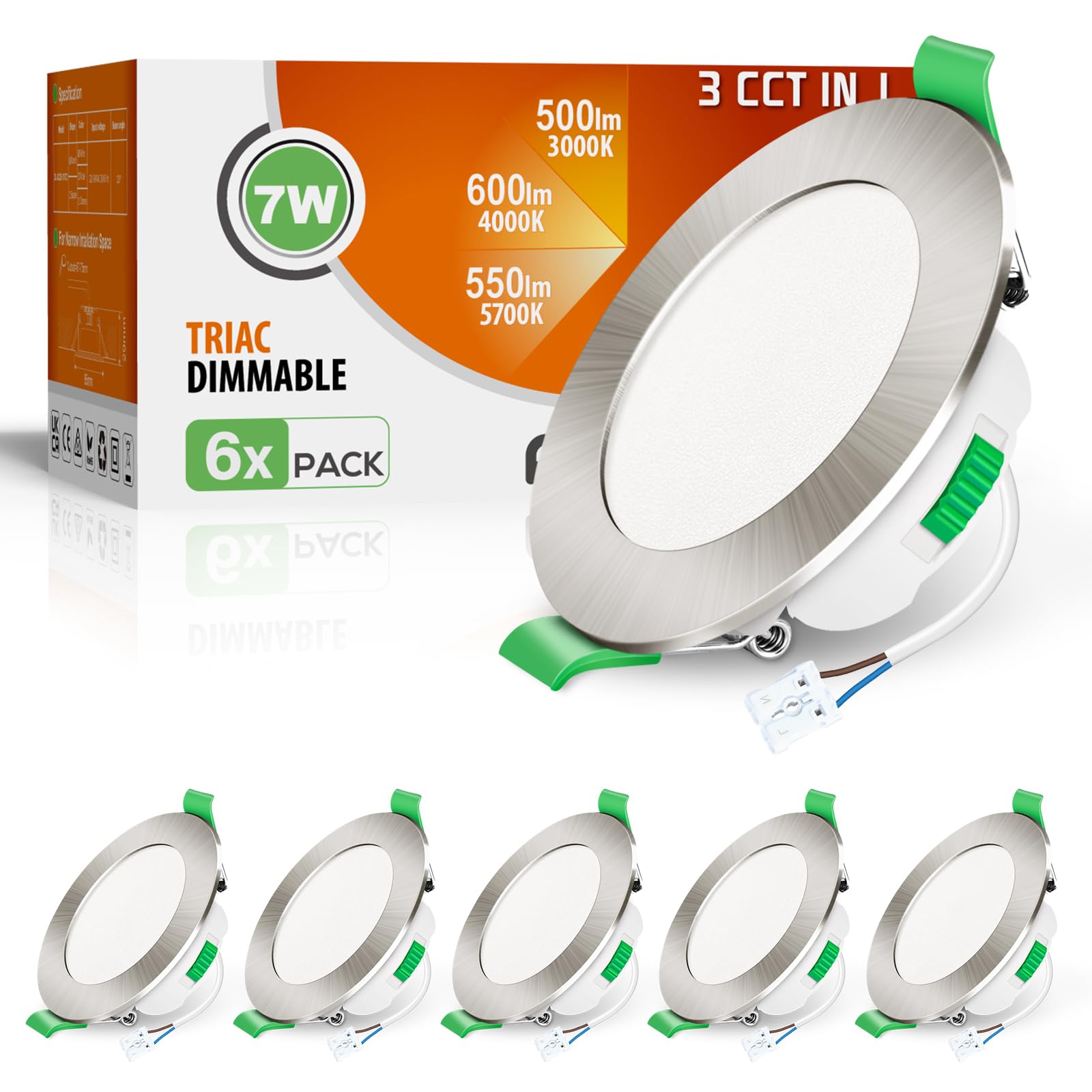 ALUSSO Lot de 6 Spot LED Encastrable 68mm 7W Dimmable AC 220-240V 3000K 4000K 6500K IP65 Réglable Plafonnier Encastré Nickel