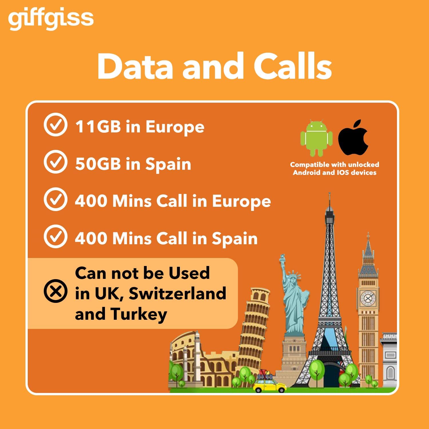 Orange Europe - Tarjeta SIM prepagada de 10 GB de datos de Internet en 4GLTE en Europa, 25 GB + 400 minutos de llamadas en España, tarjeta SIM de