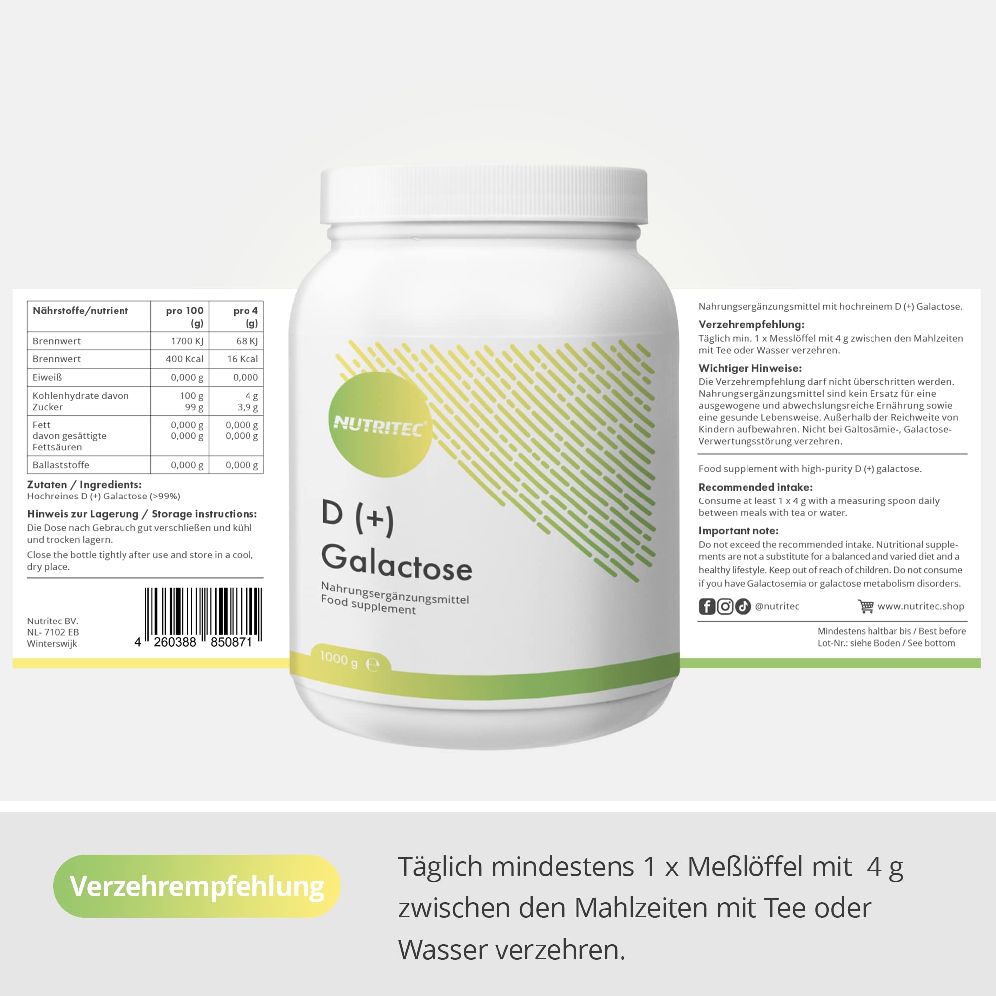 D+ Galactose Pulver 1000 g - Deutsche Qualität, hochrein > 99% ohne Zusätze & Gentechnik, vegetarisch, mit Messlöffel - Schleimzucker, Einfachzucker | Nutritec