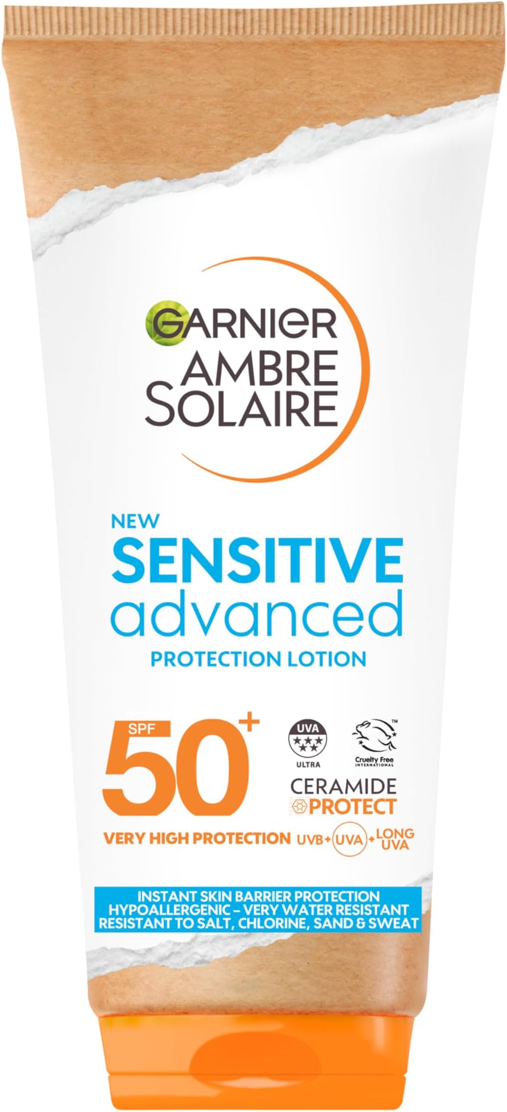 Garnier Ambre Solaire Sun Cream Face SPF 50+ Sensitive Advanced Sunscreen Body, High Protect, Water Resistant, Non-Greasy, Hypoallergenic, Fragrance-Free, UVA UVB Protect with Ceramide, 175ml