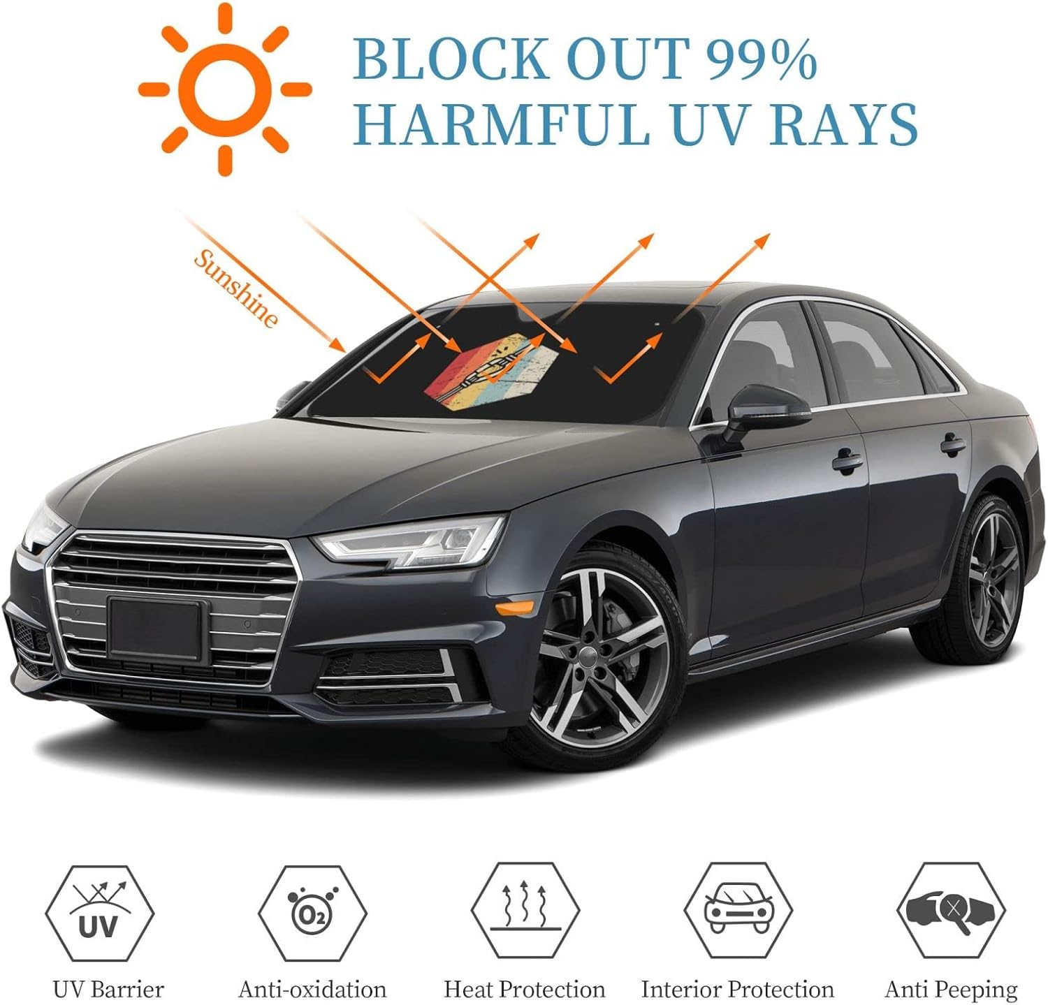Retro Vintage 70s Rock Climbing Icon Car Windshield Sun Shade Keep Your Vehicle Cool, for SUV Cars Trucks Universal Sun Shade