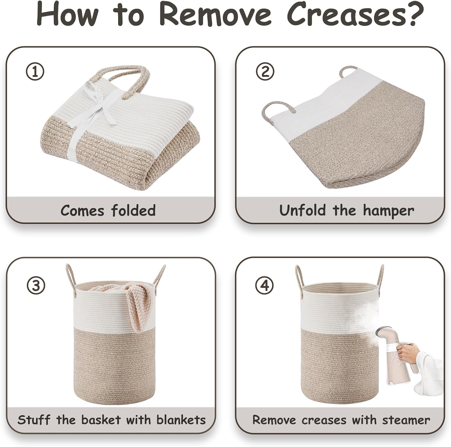 VIPOSCO Large Laundry Hamper, Tall Woven Rope Storage Basket for Blanket, Toys, Dirty Clothes in Living Room, Bathroom, Bedroom - 53L White & Brown - Image 6