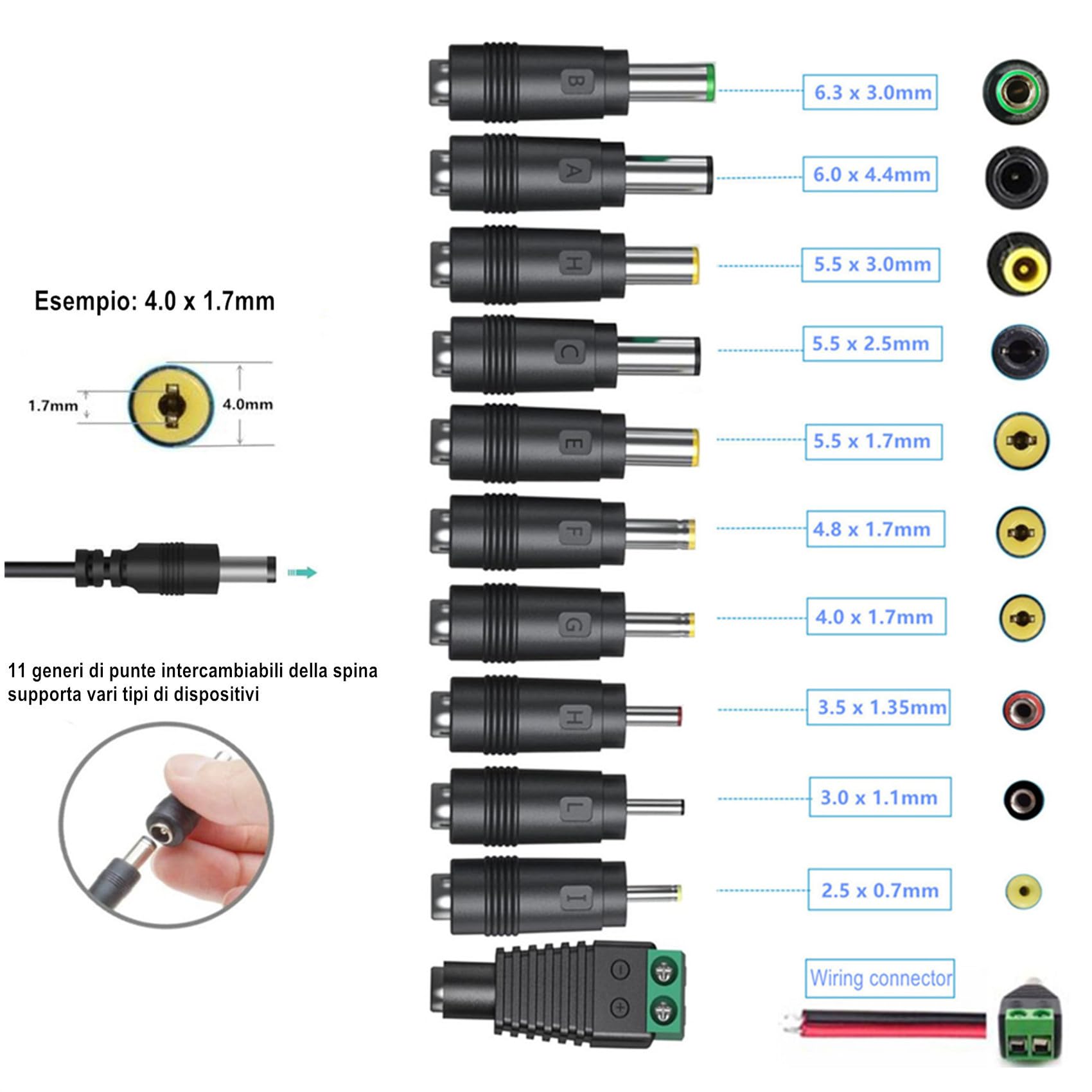 Alimentatore DC 24V 2A con 11 connettori DC a punta, convertitore AC a DC 24V 2Amp 1.5A 1A, trasformatore per strisce LED, luci, fotocamere, PC, display, monitor, altoparlanti, dispositivi 24V