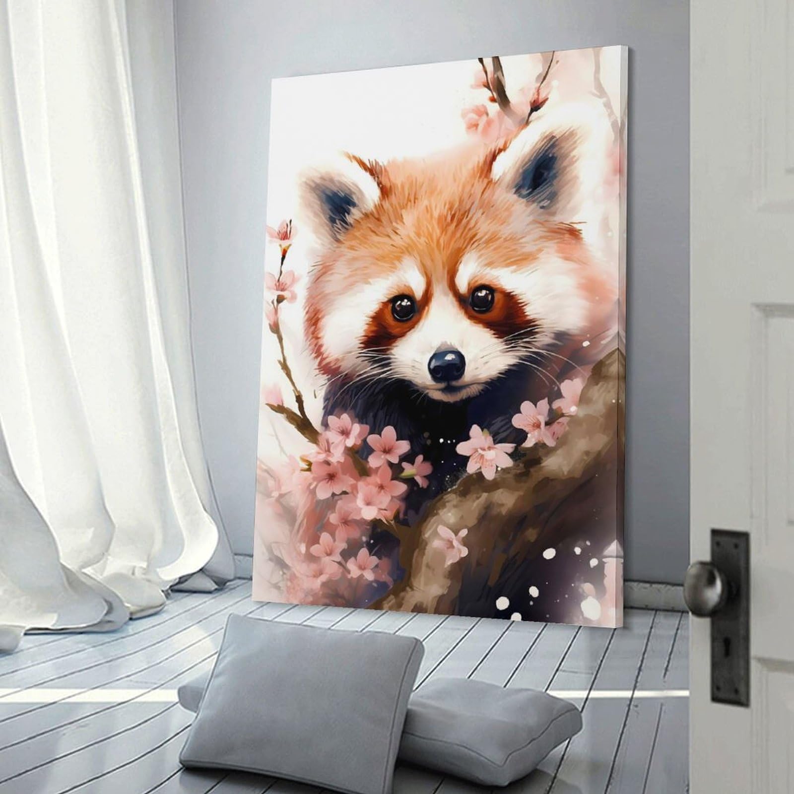 Junmoney Wall Picture Print Cherry Blossom Red Panda, 24x36inch(60x90cm), for Living Room, Lounge Or Sitting Room, Modern Wall Decor for Cosy Interiors