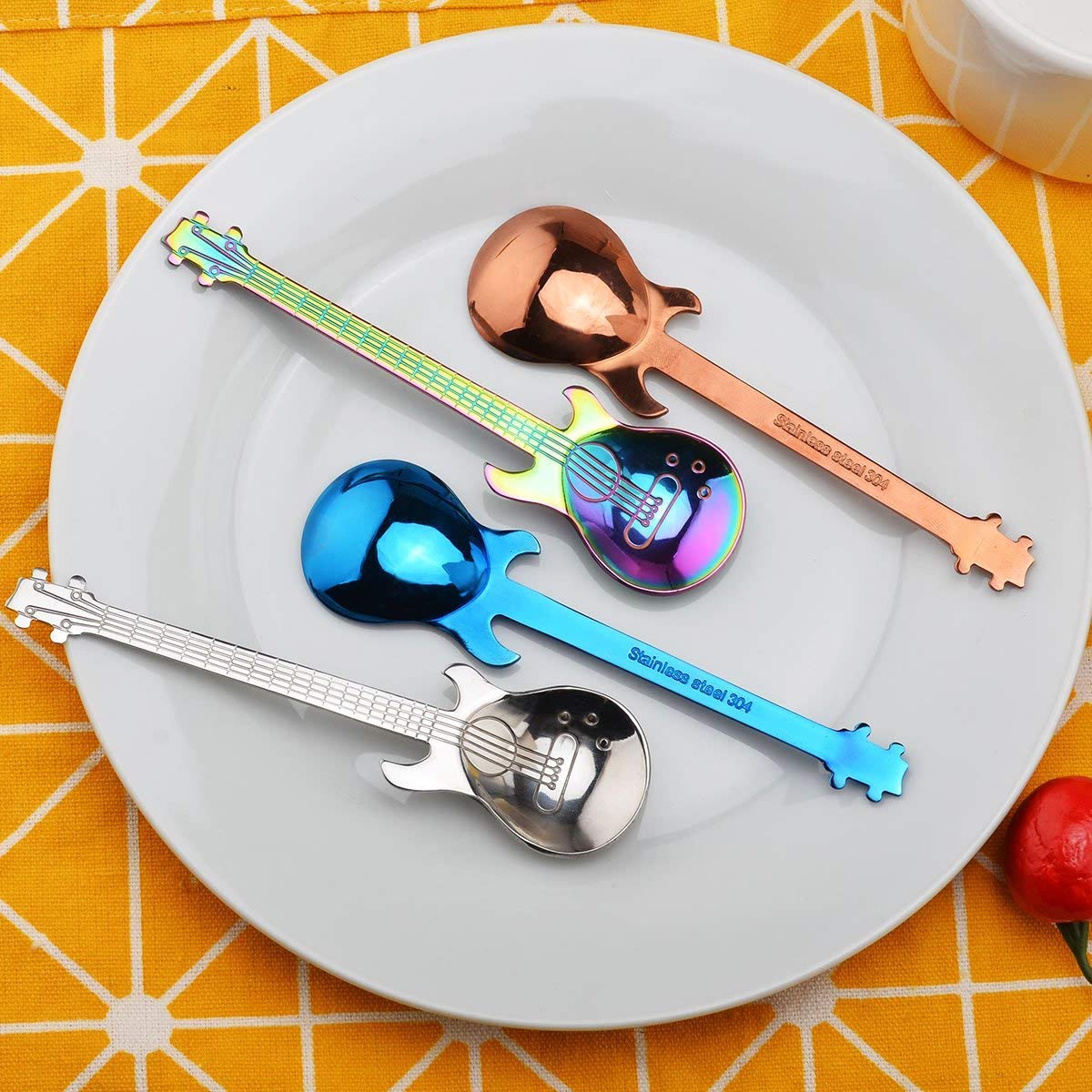 Set 4 Cucchiaini Da Caffè A Forma Di Chitarra NANHONG - Posate Creative In Acciaio Inox, Multicolore - 3