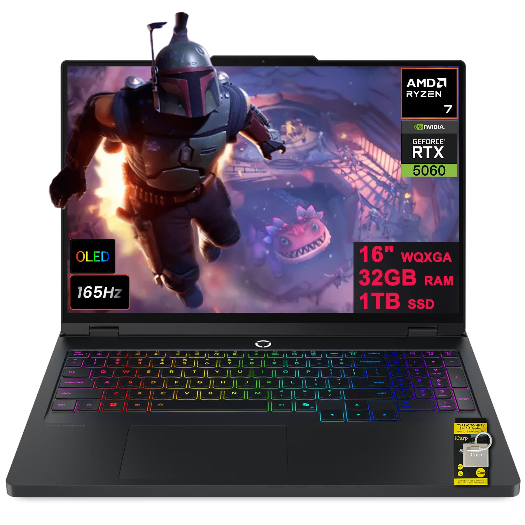 Lenovo Legion 5 Pro Gaming AI Laptop 16" WQXGA 2560x1600 OLED 165Hz 1100nits HDR Peak AMD 8-core Ryzen 7 8745HX 32GB RAM 1TB SSD GeForce RTX 5060 (Up to 572 AI Tops) RGB Backlit Harman Win11 ICP Hub