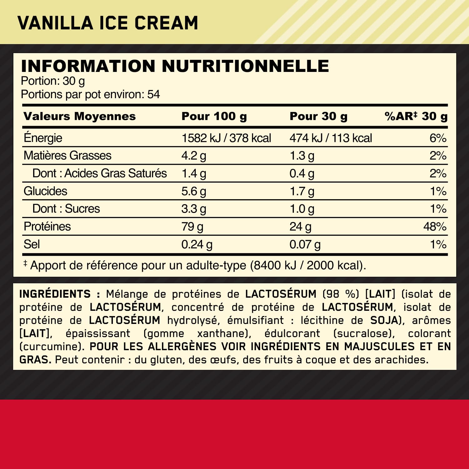 Optimum Nutrition Gold Standard 100% Whey, Protéine en Poudre, Goût Glace à la Vanille, 1.62kg, 54 Doses