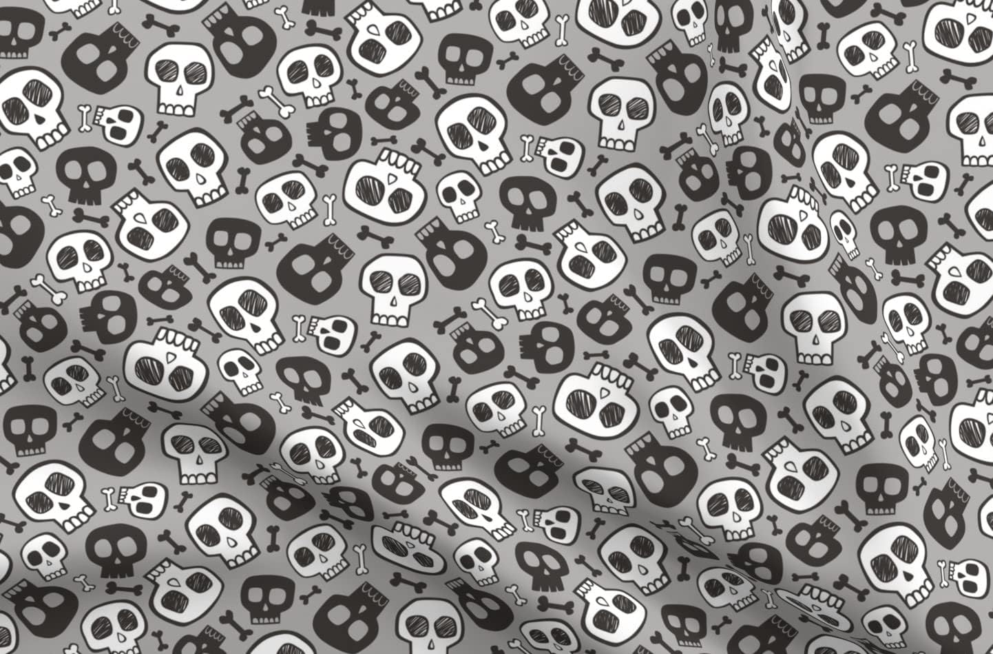 Spoonflower Fabric - Skulls Bones Halloween Black White Gray Skull Skeleton Printed on Upholstery Velvet Fabric Fat Quarter - Upholstery Home Decor Bottomweight Apparel