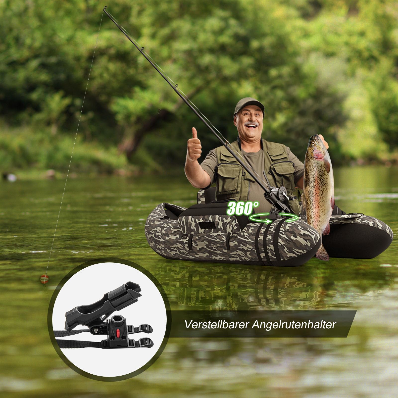 GYMAX Aufblasbares Angelboot, tragbares Belly Boat inkl. Pumpe, Paddel & verstellbaren Schultergurten, Fischerboot mit Fischlineal, Schlauchboot bis 150 kg belastbar
