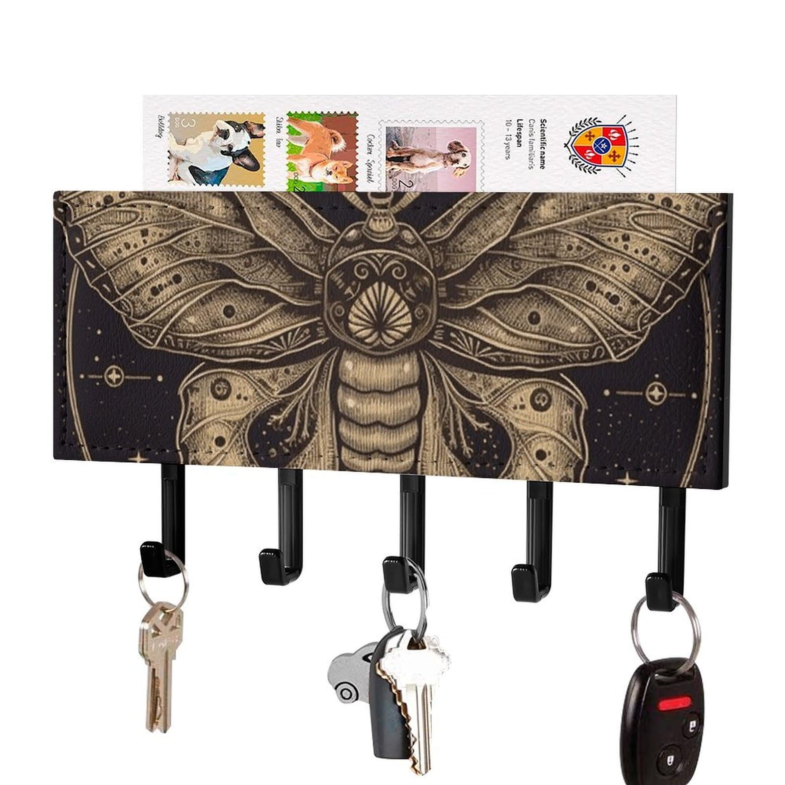 DWVTSLH Moth Key Holder for Wall, Decorative Key Hooks with Mail Organizer & 5 Hooks, Self Adhesive Leather Key Hanger for Entryway, Wall Mounted Key Rack (7.1” X 4.3” X 0.9”)