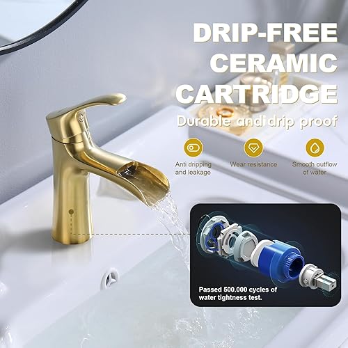 Miniatura 5 de NEWATER Grifo de baño de latón cascada de una sola manija, color dorado cepillado, grifo dorado de un solo orificio para lavabo de baño, grifo de