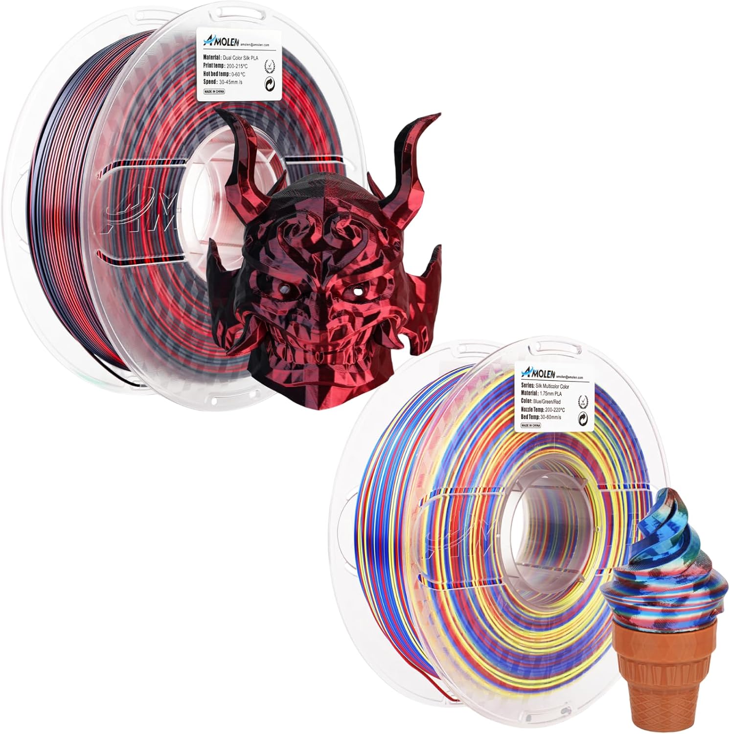 AMOLEN 3D Printer Filament, Dual Color Silk Red Black & Silk Multicolor Blue Red Green PLA