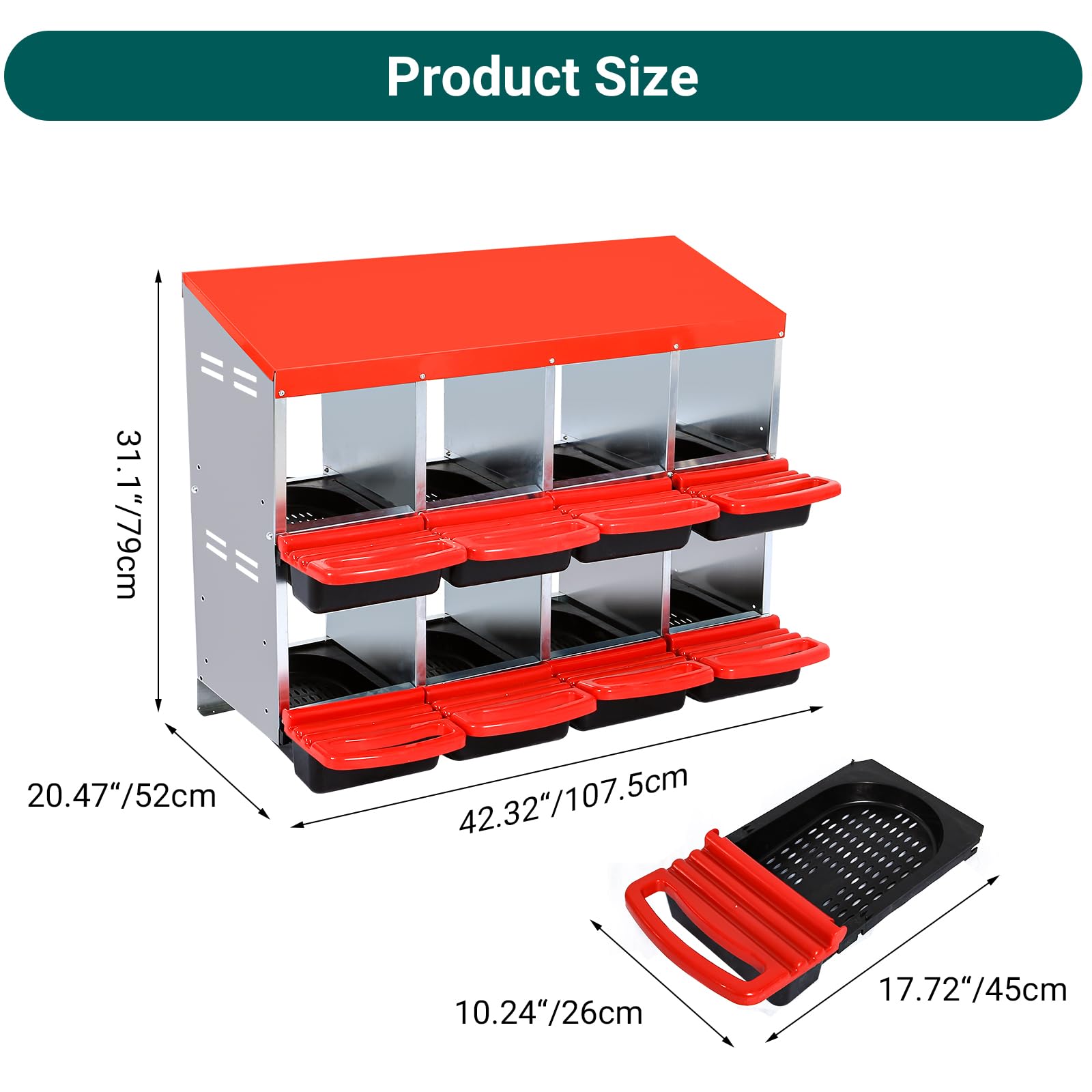 Robusto Nido Imetallo Galline Ovaiole 6 Scomparti Acciaio Zincato Coperchio Bloccabile Design Arrotolabile Ventilazione, Vassoio Rimovibile Facile Pulizia Deposizione Sicura Delle Uova Pollai