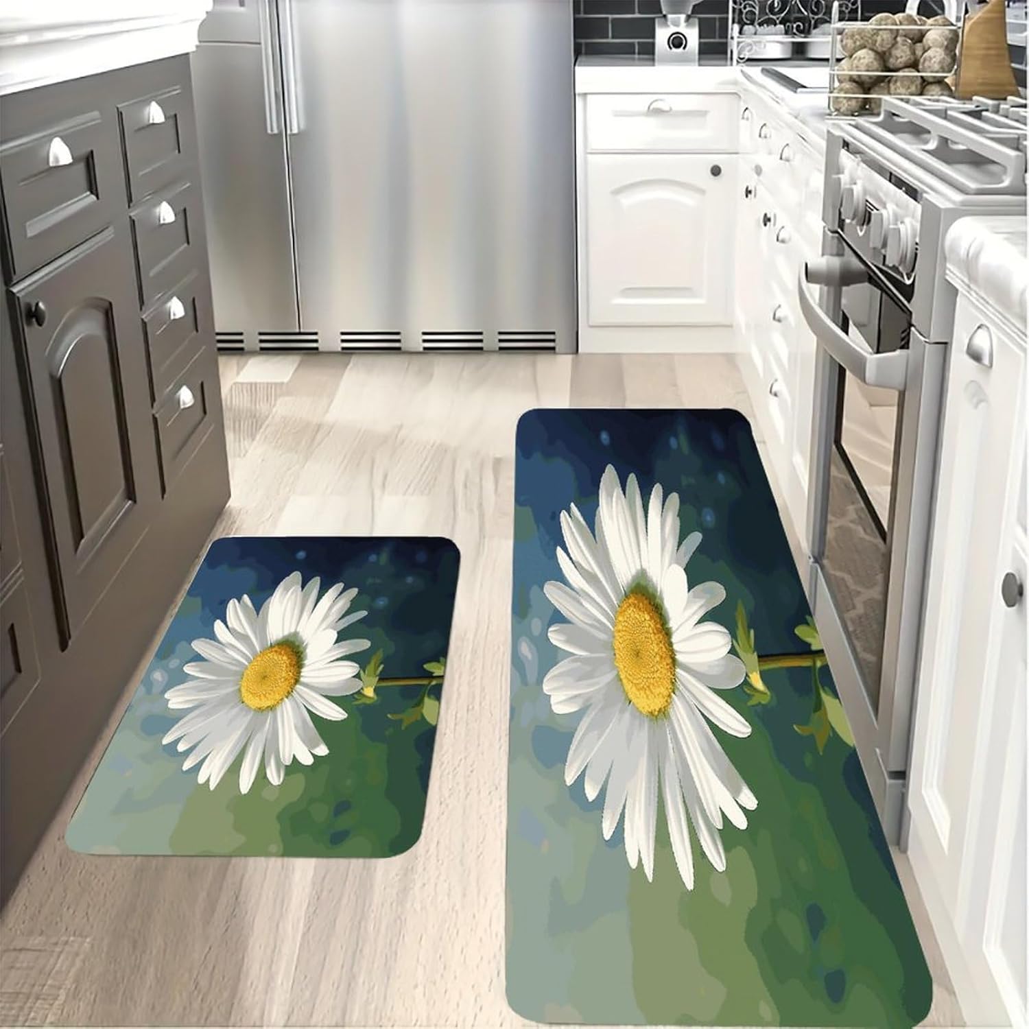 Daisy Flower Kitchen Mats with 2PCS Non-Slip Washable,Kitchen Rug Heavy Duty Durable, Floor Mats for Kitchen,Office,Sink,Laundry