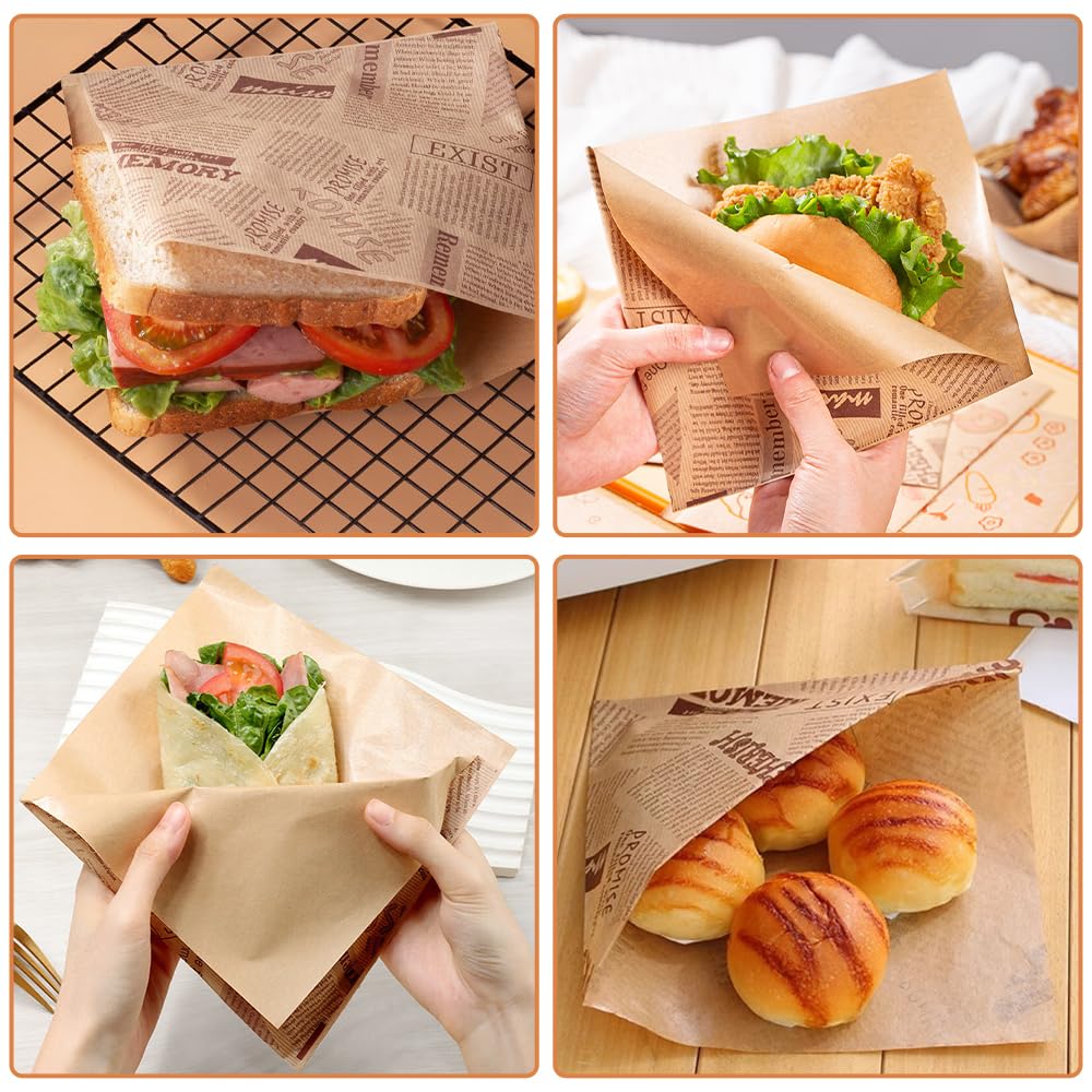 200 sztuk papierowych torebek do burgerów, burgerów, kanapek, 150 x 150 mm, stary styl druku gazet, torebki spożywcze na burgery, przekąski, frytki