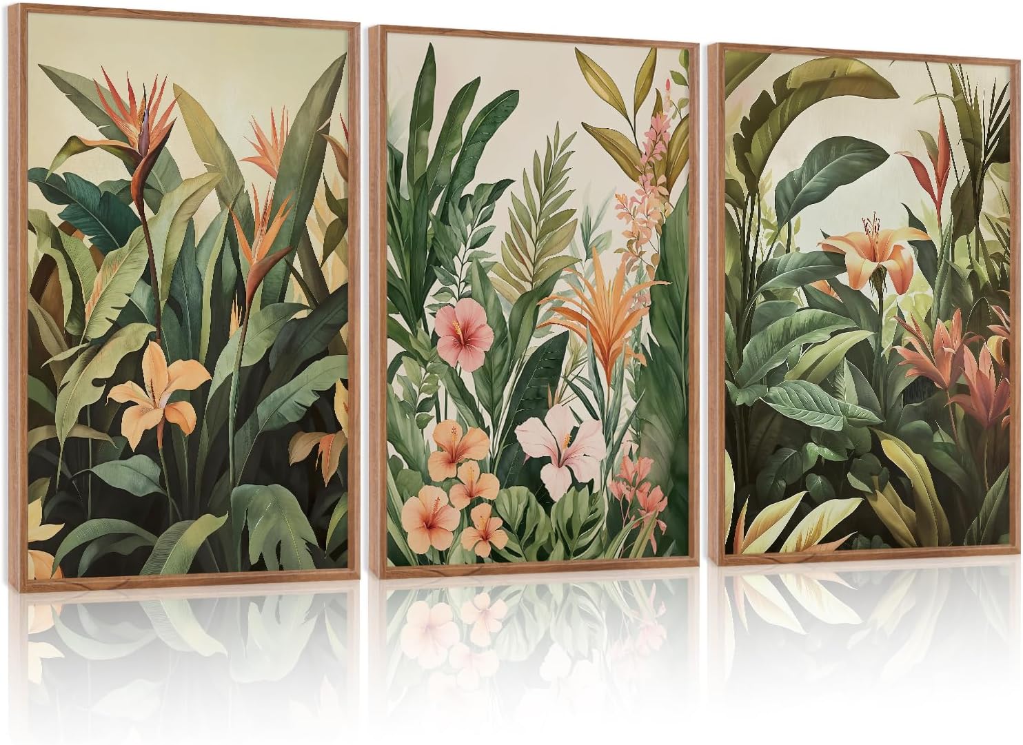 HLNIUC Boho Tropical Leaves Framed Canvas Wall Art,Abstract Flower Wall Decor Set of 3(24”x36”)Modern Green Plant Banana Leaf Art Print,Tropical Botanical Jungle Painting for Living Room Bedroom Office