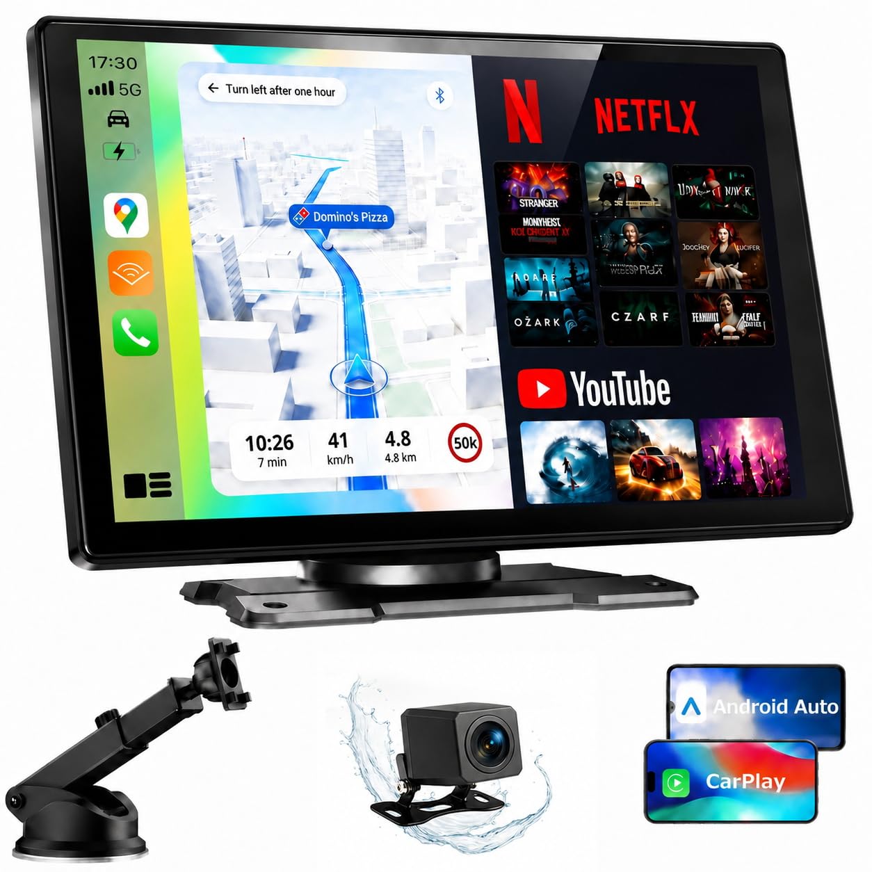 Volam schermo per auto carplay,con A-pple CarPlay e Android Auto,9" schermo,schermo carplay auto Net-flix YouTube,Telecamera Posteriore Navigazione Aggiornamento Siri/G00gle voice,iOS 10+ Android 11+