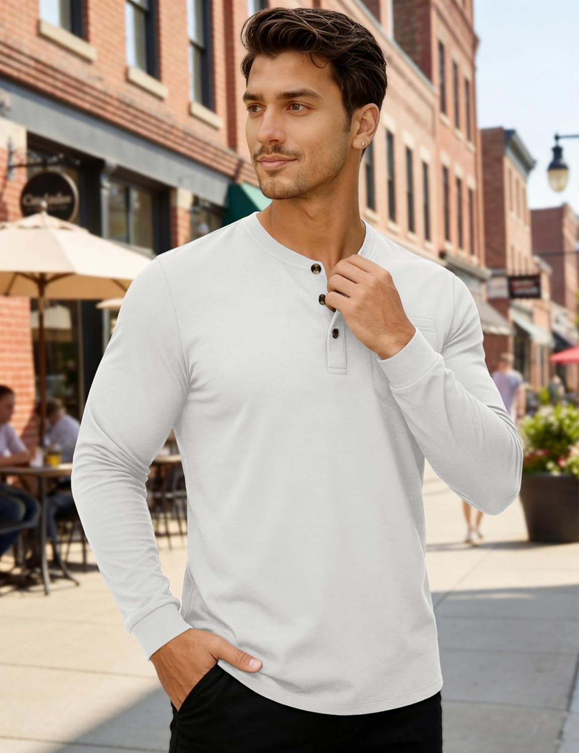 MAGNIVIT Mens Henley Shirts Long Sleeve with Pocket Fall Cotton Casual T-Shirts Plain Moisture Wicking Tee with 3 Button - Image 3