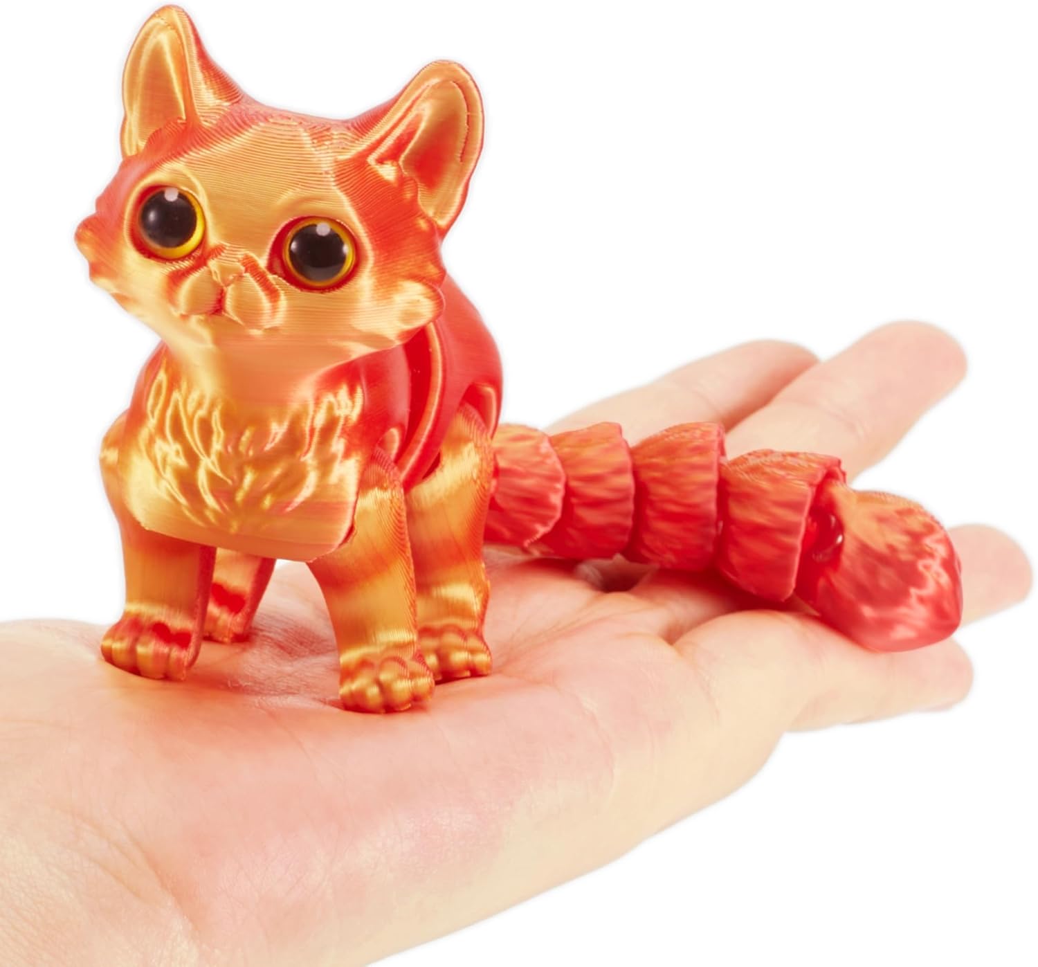 3D Printed Articulated Cat Fidget Toy, Poseable Flexible Joint Kitty Desk Toy, Big-Eye Cat Figurine Desktop Decor, Stress Relief Gift (Metallic Red-Orange)