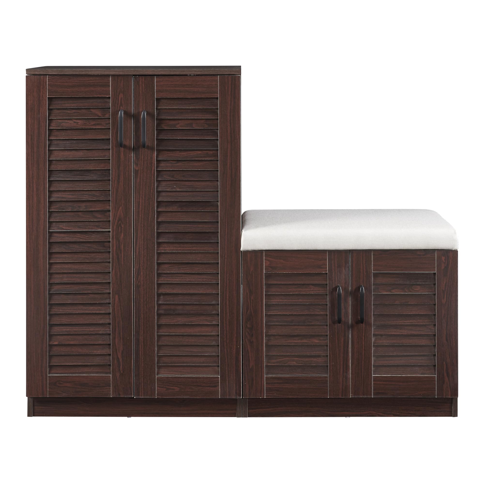 [en.casa] Set di Armadio Scarpiera e Panca Contenitore con Seduta Imbottita Mobile Portascarpe Ante a Persiana e Ripiani Inclinati 97 x 120 x 36 cm MDF Wengè