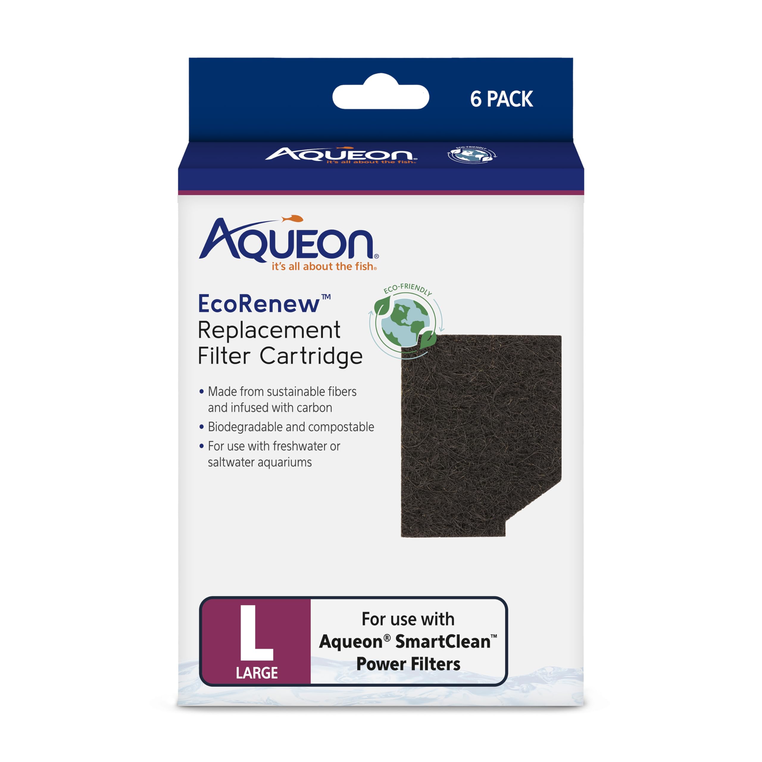 Aqueon Genuine EcoRenew Filter Cartridges, for Freshwater and Saltwater Aquariums, Large, 6-Pack