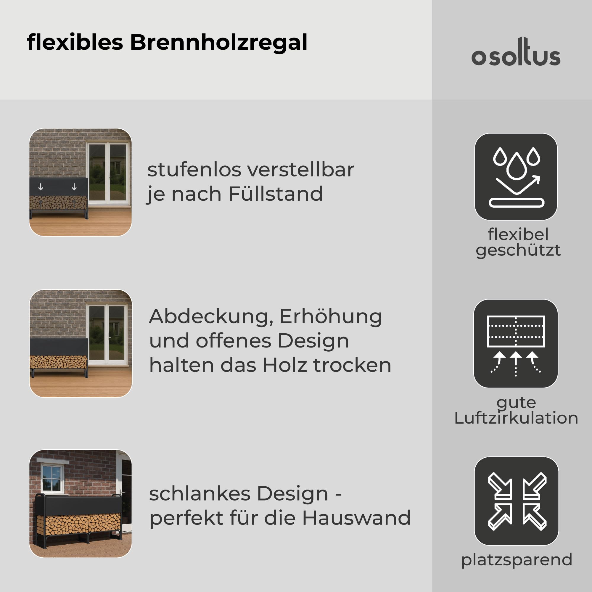 osoltus Kaminholzregal Metall Brennholzregal mit Abdeckung (XL (260 x 36 x 117 cm))