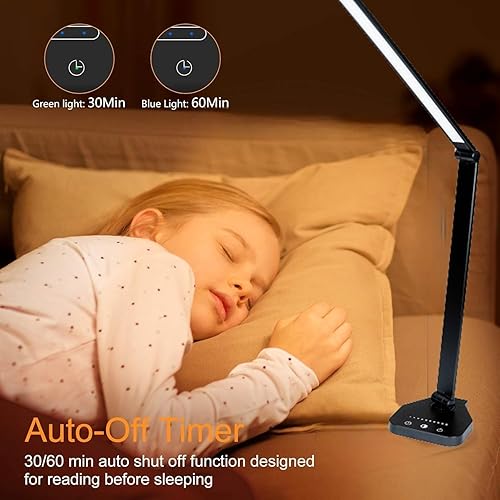 Miniatura 5 de Lámpara LED de escritorio, lámpara de mesa regulable, lámpara de lectura con puerto de carga USB, 5 modos de iluminación, control sensible,