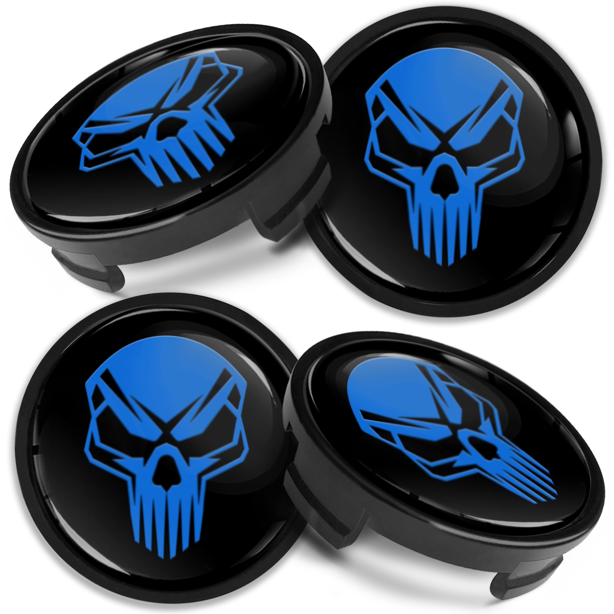 Biomar Labs 4 x Center Hubcaps, Compatible with Ford Centre Caps for Alloy Wheels, 54 mm, Skull, Blue, Black CF 26