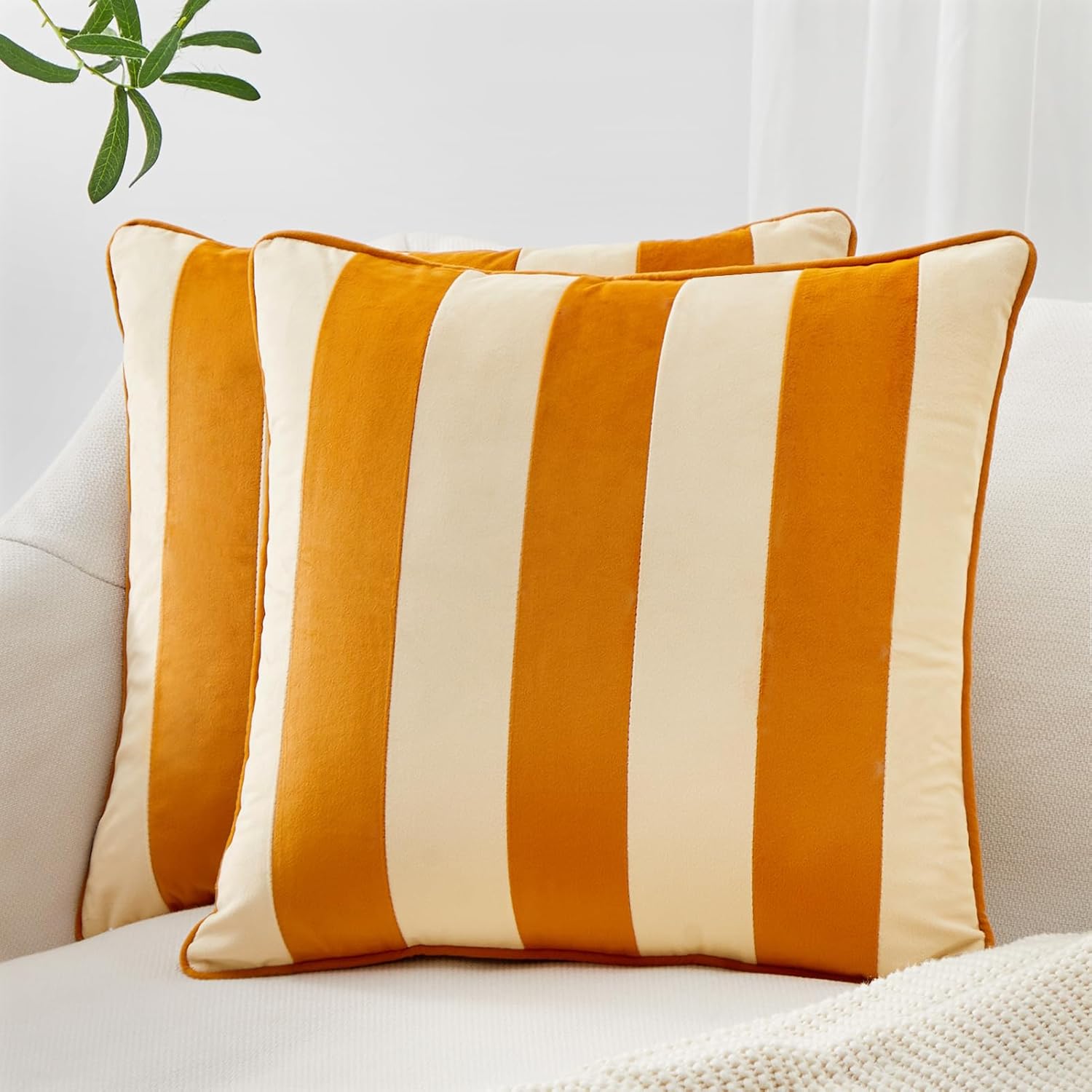MONDAY MOOSE Decorative Throw Pillow Covers Cushion Cases, Set of 2 Soft Velvet Striped Piping Edge Designs, Pillow Inserts Not Included (20x20 inch, Honey/Cream)