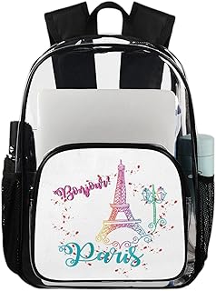 Bonjour Paris Mochila transparente Torre Eiffel Bolsas para livros resistentes, linda mochila transparente à prova d'água de Paris, mochila transparente de PVC com alça de ombro reforçada para escola, trabalho, viagens, Multicor