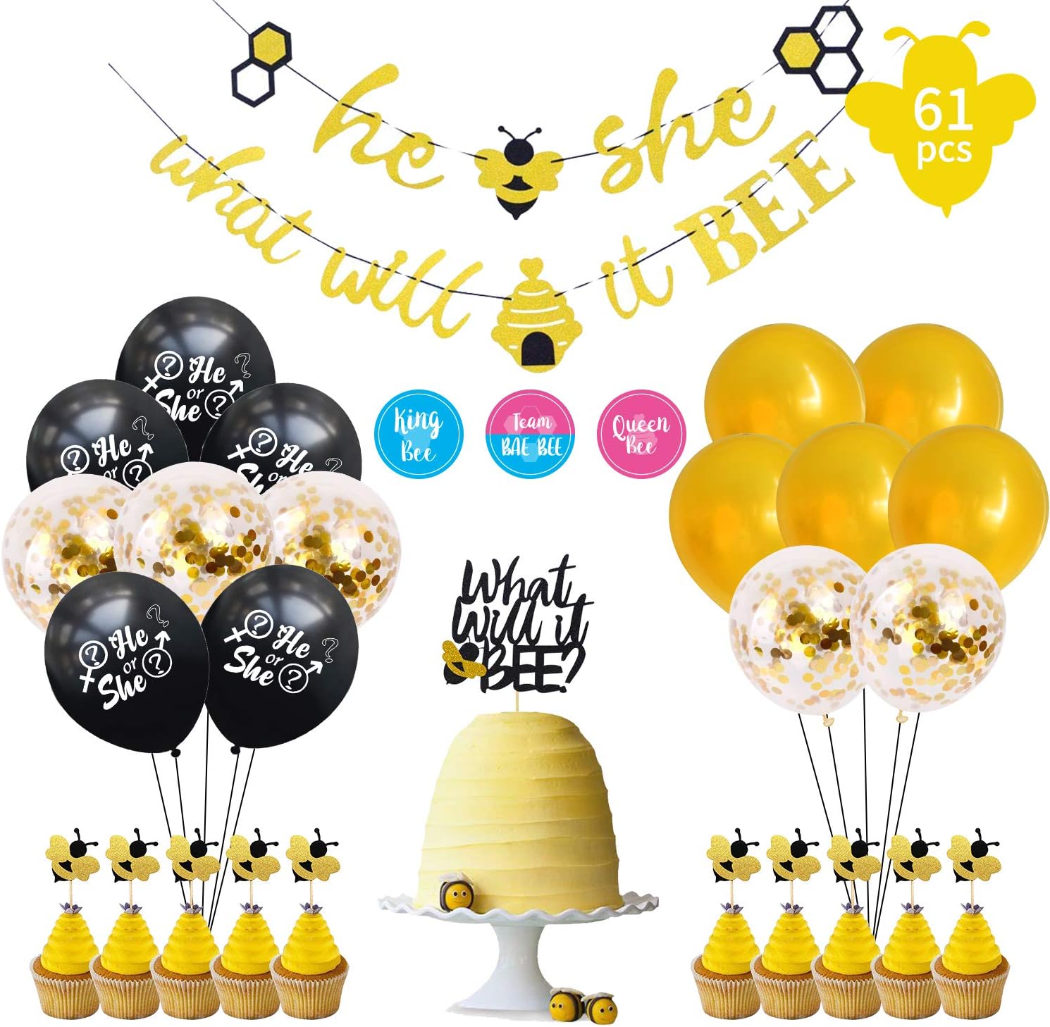 Updated New What Will It Bee Gender Reveal Party Supplies Set | Bumble Bee He or She Baby Shower Banner, Cake Topper, Balloons | Free 24 Team Boy or Girl Labels | Themed Baby Shower Decorations